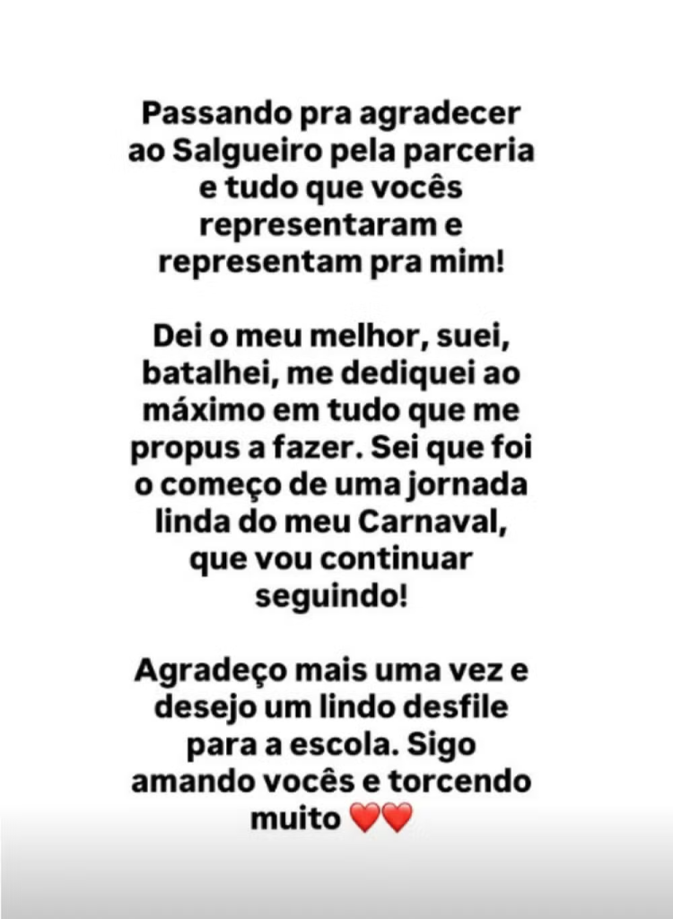 Gkay deixa Salgueiro em meio a rumores de cobrança pelo cargo de musa